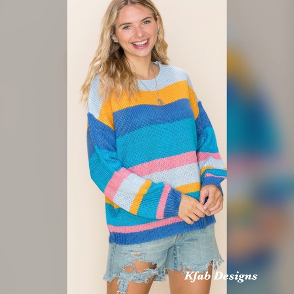 🥰LAST! Blue Multi Color Stripe Super Soft Sweater - Picture 9 of 10